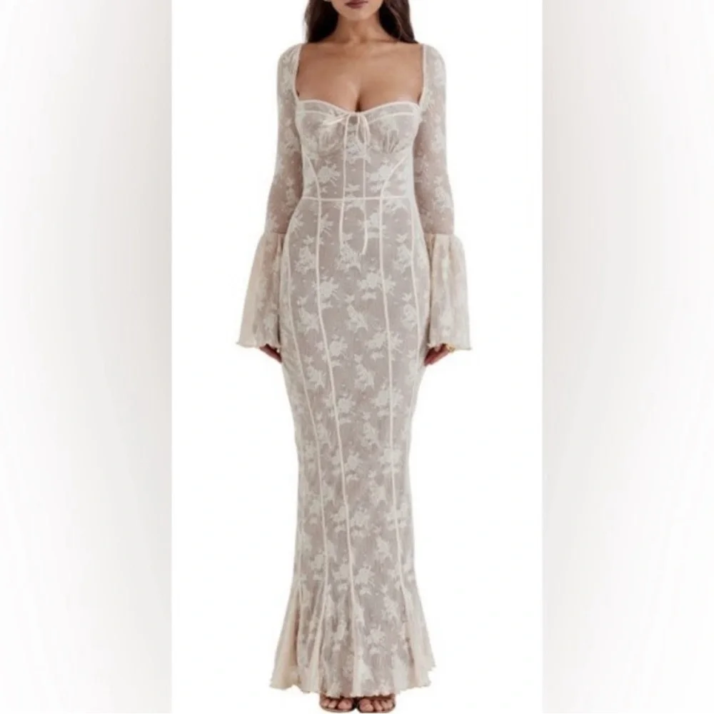 House OF CB Delilah Corseted Lace Maxi Dress - Vintage Cream